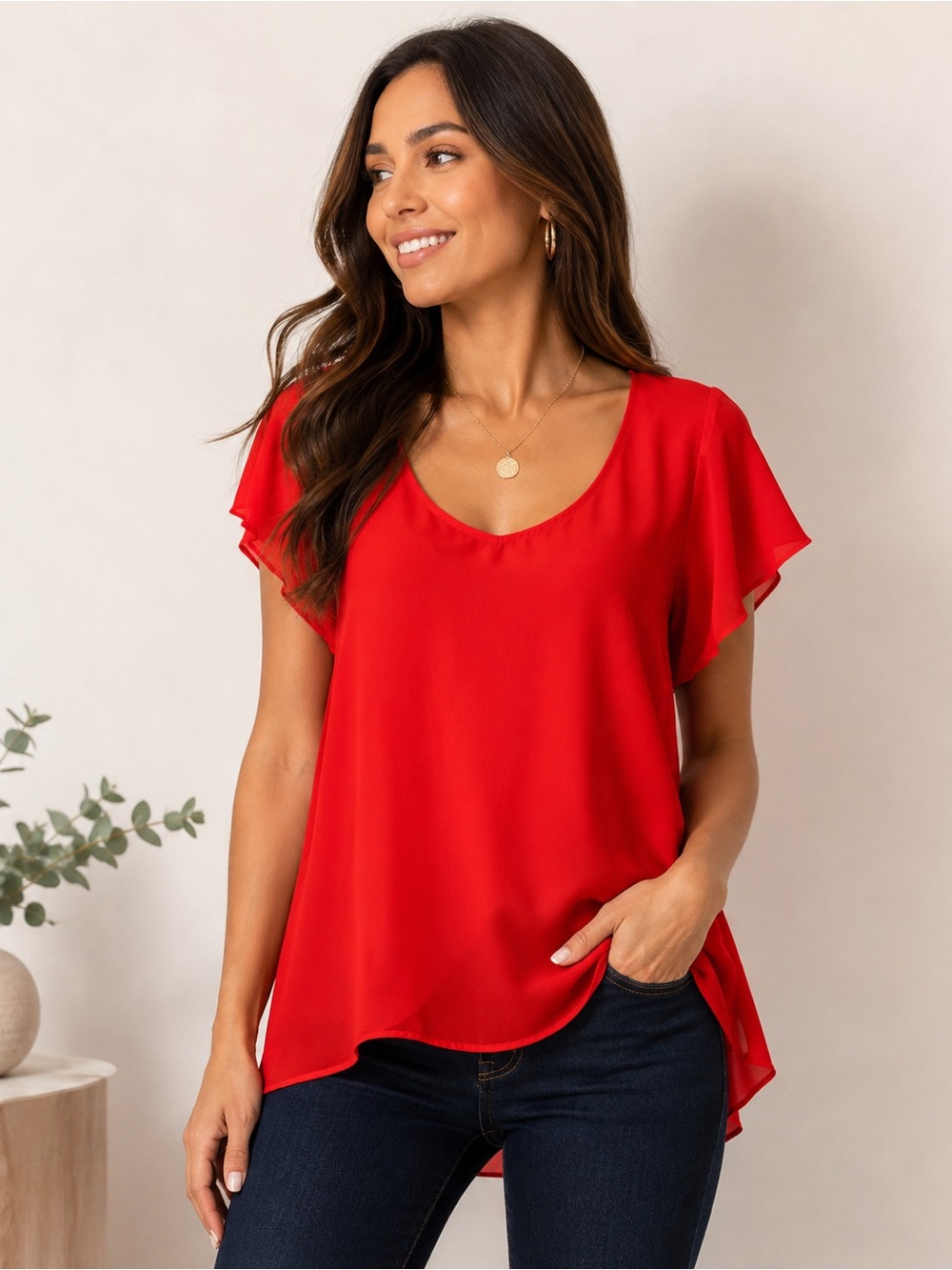 torrid Red Flutter Sleeve Scoop Neck Blouse
